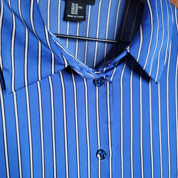 Jones and Co suiting stripe silky button up collared shirt blue black white XL - Picture 5 of 8